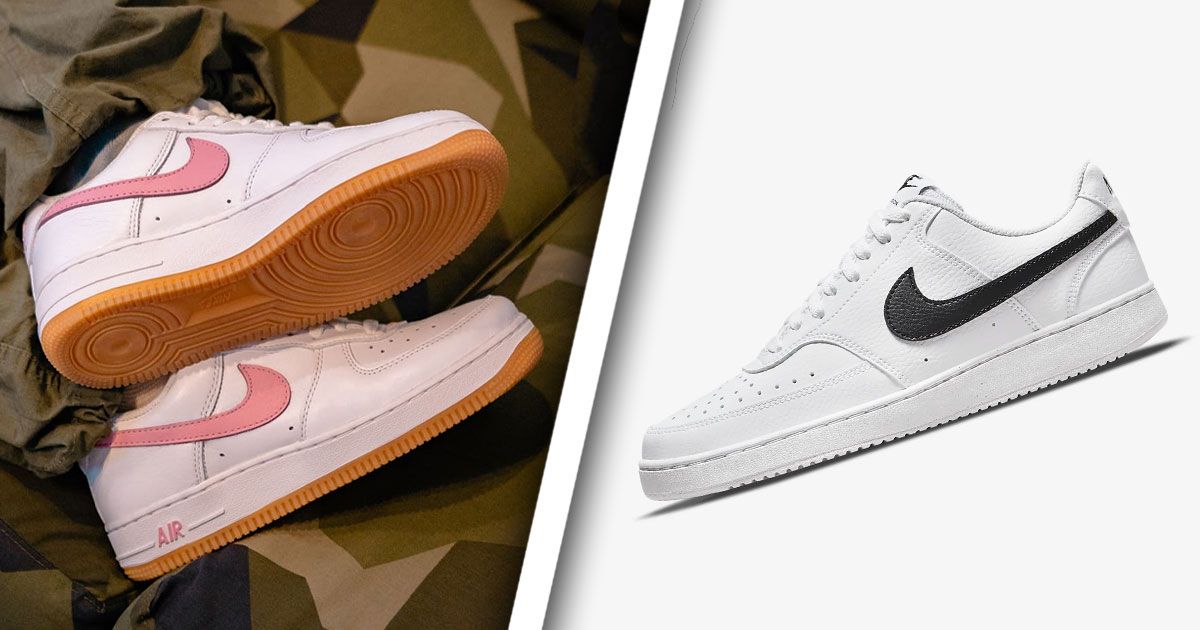 A pair of white Air Force 1s with pink Swooshes down the sides and gum outsoles on one side of a white line. On the other, a white Court Vision Low with a black Swoosh down the side.