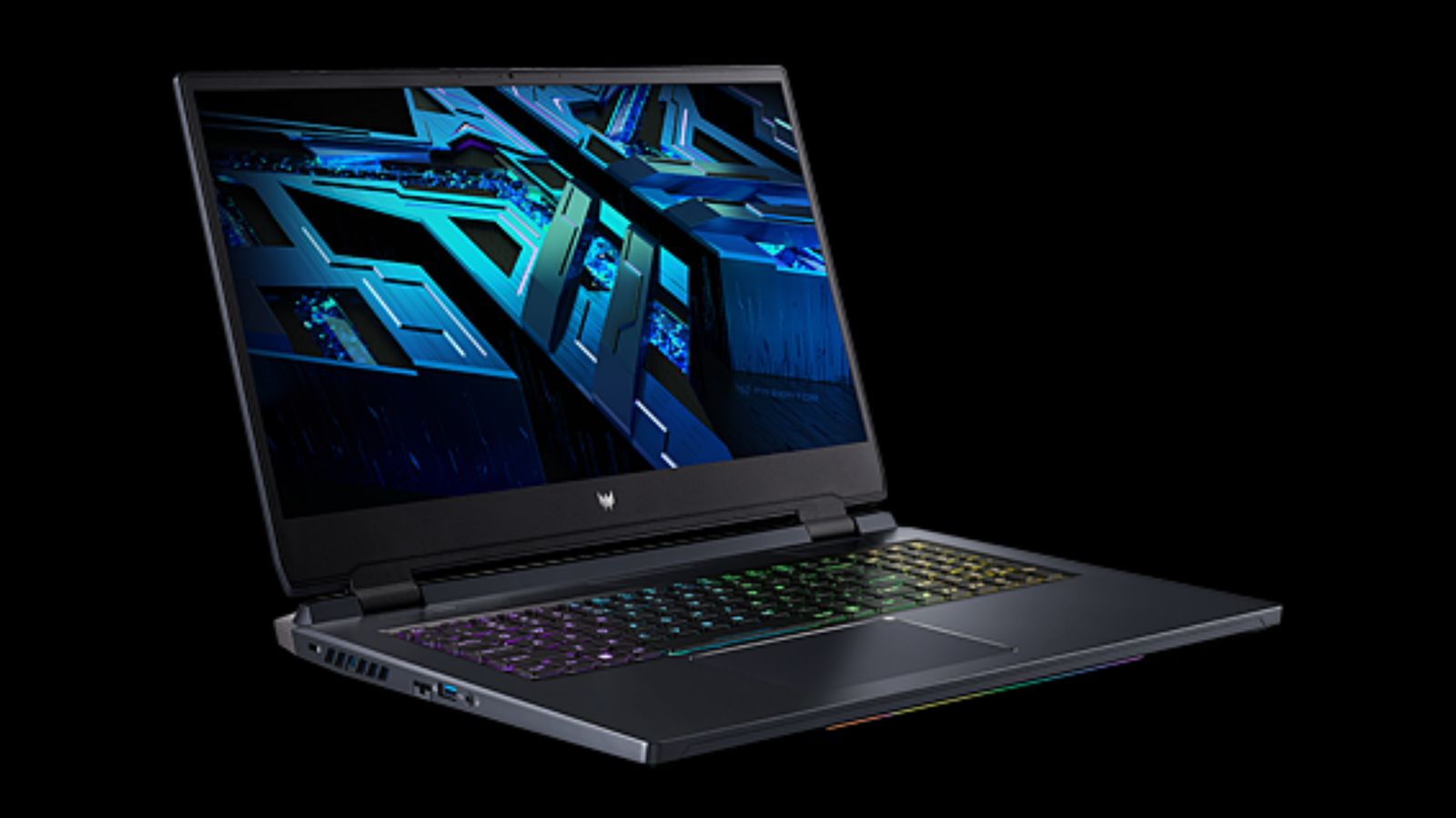 Acer Predator Helios 300 product image of a black laptop with a multi-coloured backlit keyboard.