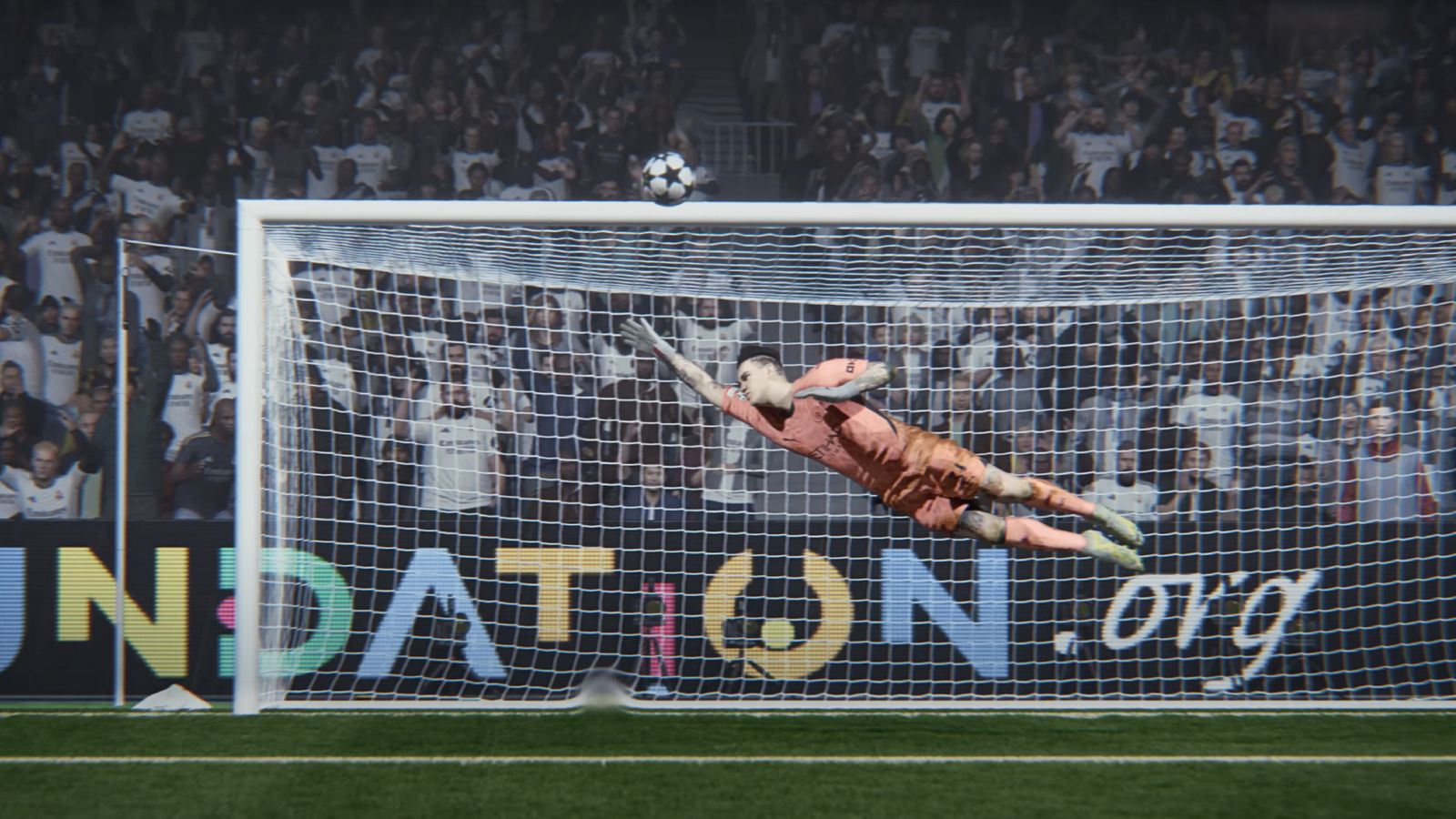 A goalkeeper making a save in FC 25