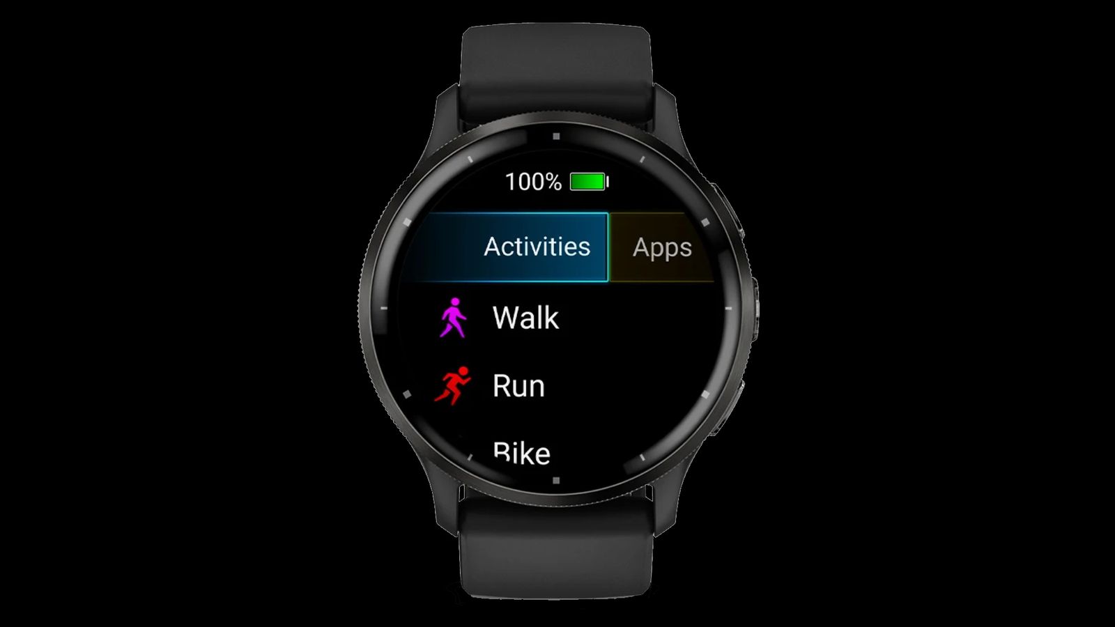 Garmin Venu 3 product image of a black-strapped smartwatch with several activities and the battery on the display.