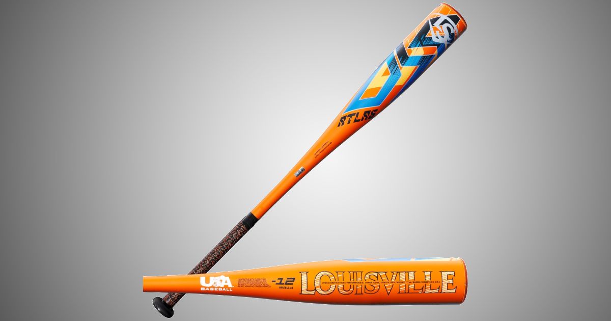 Louisville Slugger Atlas product image of a bright orange bat with blue and silver details.