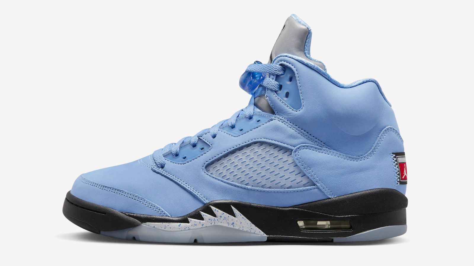 Air Jordan 5 "UNC" product image of a light blue Jordan 5  with a high-cut collar, black and speckled blue midsole, a mesh panel on the side, and a grey tongue.