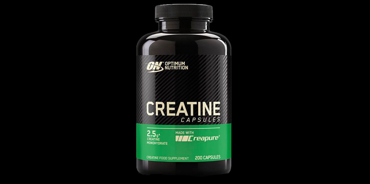 Optimum Nutrition Creatine Capsules product image of a black container featuring green and gold branding.