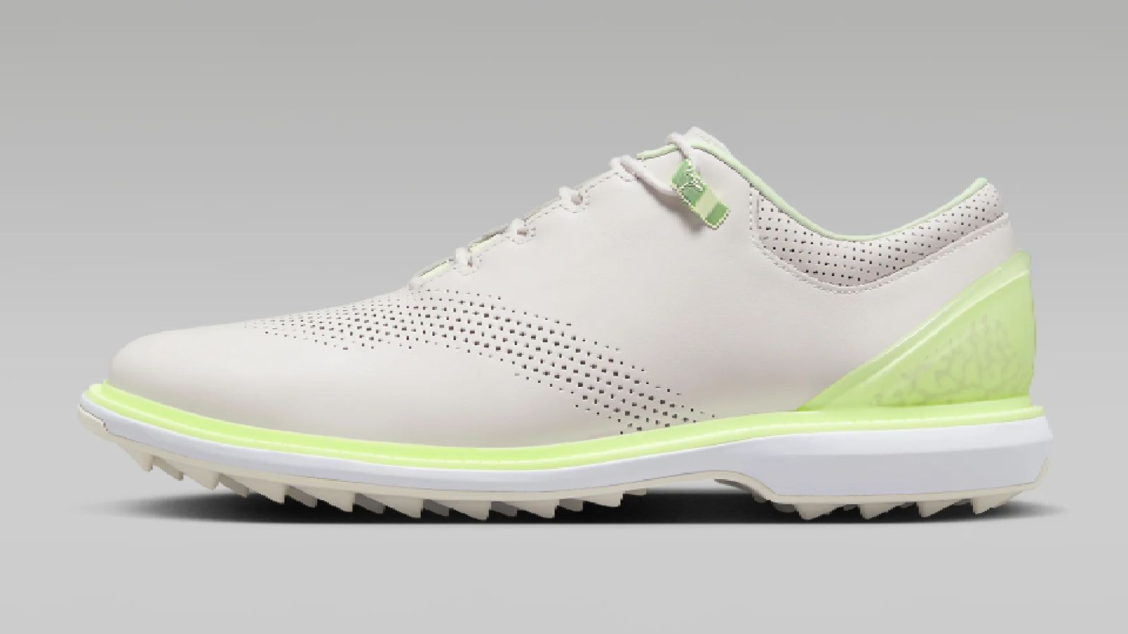 Jordan ADG 4 product image of a phantom white leather shoe with barely volt yellow details and a white midsole.