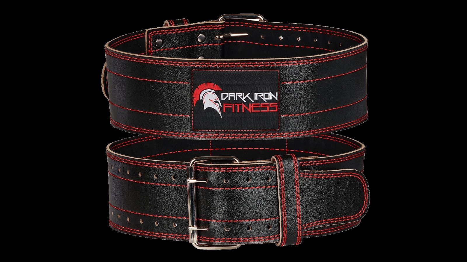 Dark Iron Fitness product image of red and black weightlifting belt.