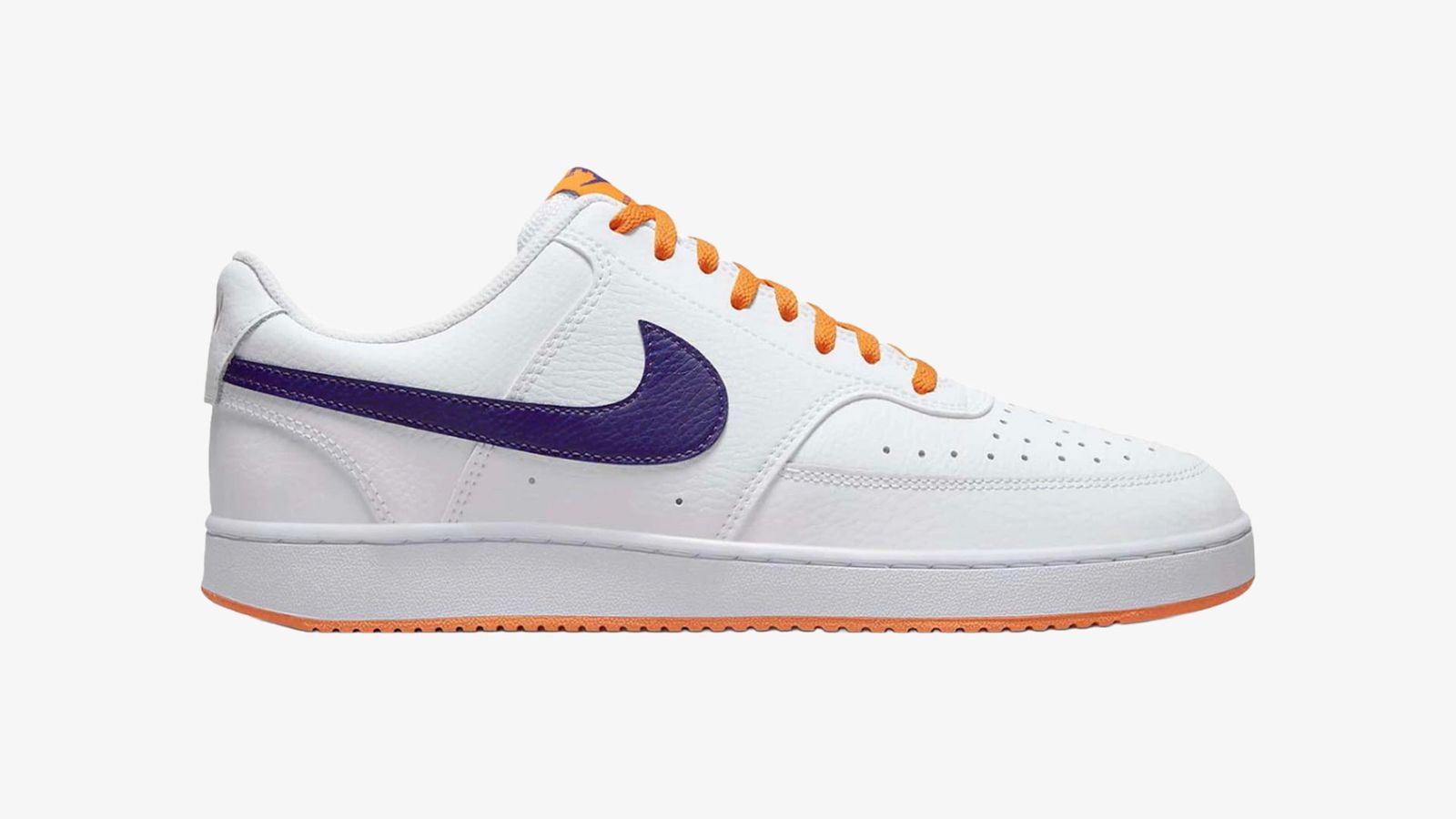 Nike Court Vision Low "White Electro Purple" product image of a white sneaker with orange laces and purple Swooshes.