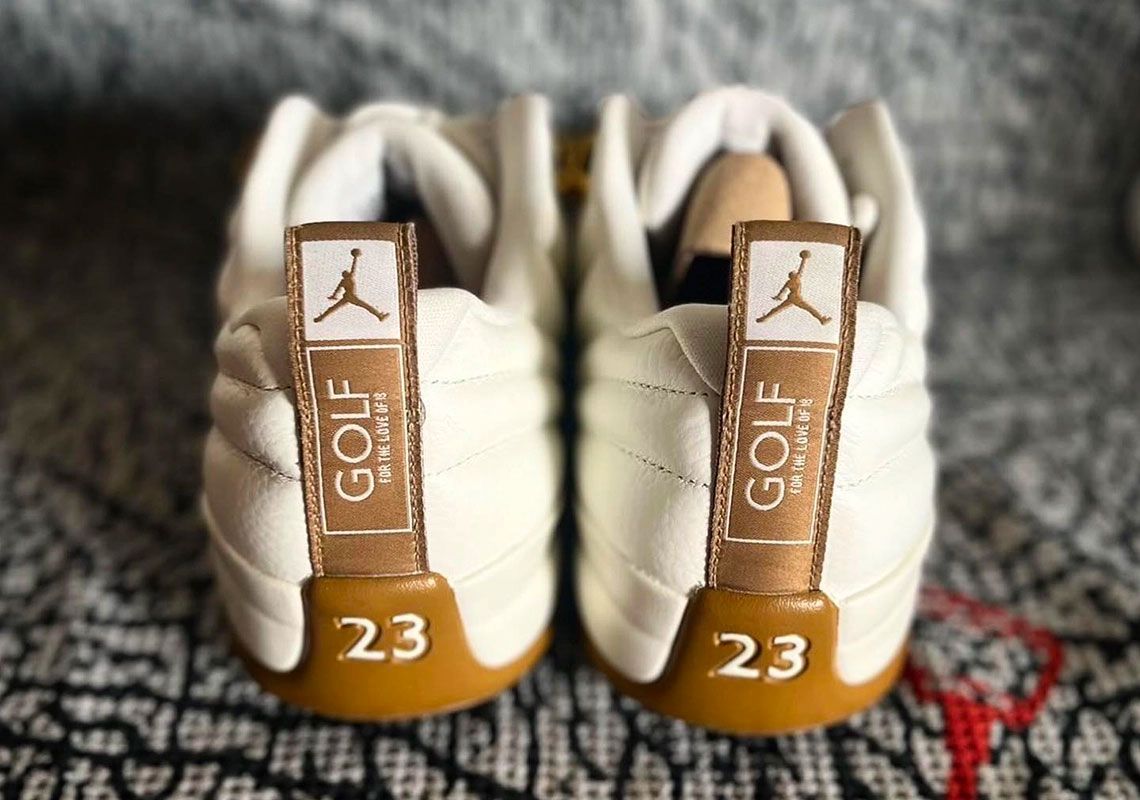 Air Jordan 12 Low Golf NRG "Driftwood" product image of a cream leather and tan suede sneaker with golf details.