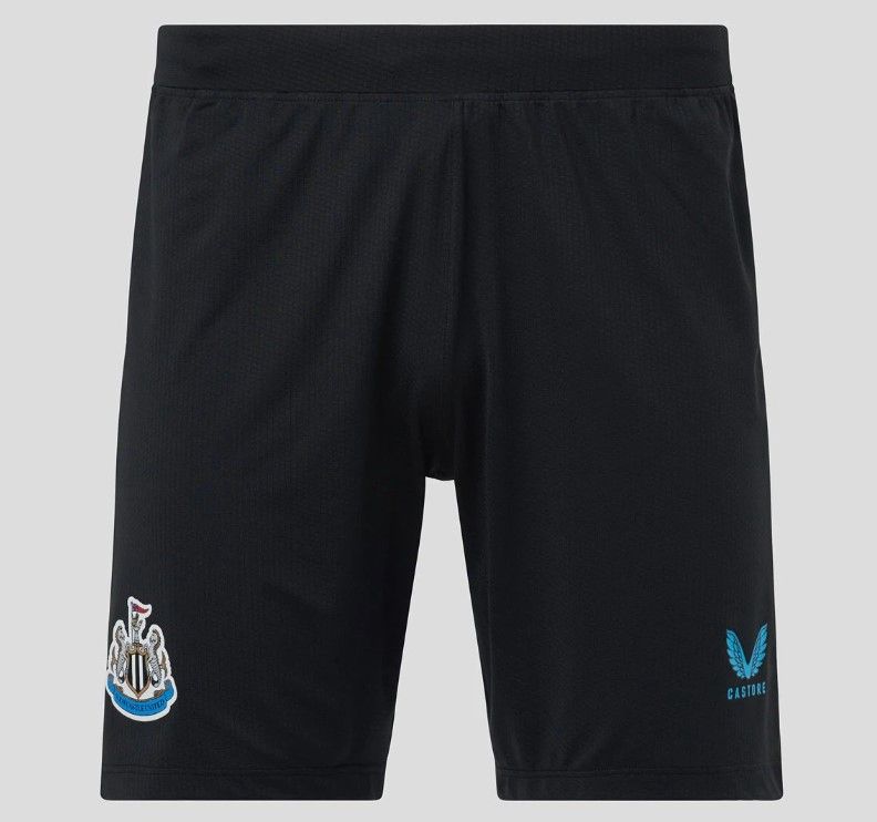 Newcastle United home kit 2022/23 product image of a black pair of shorts with blue details.