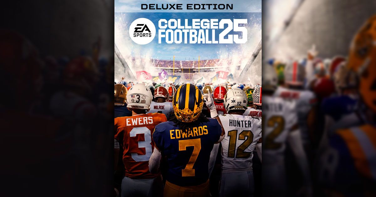 EA Sports College Football 25 Deluxe Edition cover art featuring players facing a field in different colored jerseys.