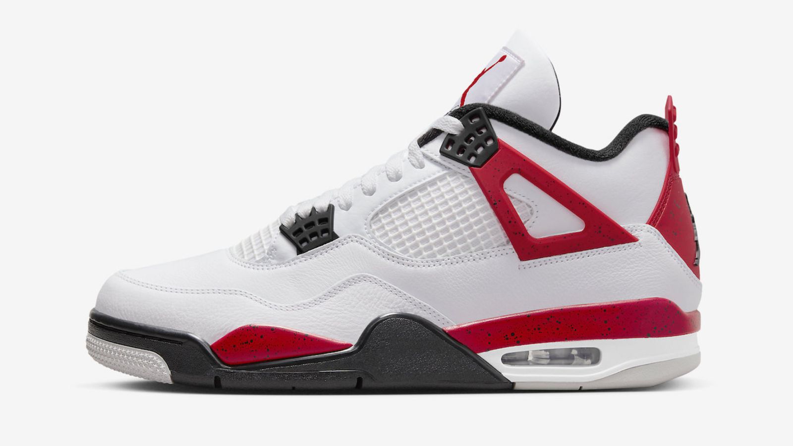 Air Jordan 4 "Red Cement" product image of a white Jordan featuring red and black details.