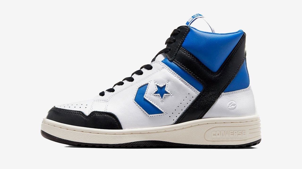 Fragment x Converse Weapon "White Blue Black" product image of a white, black, and blue leather Converse high-top.