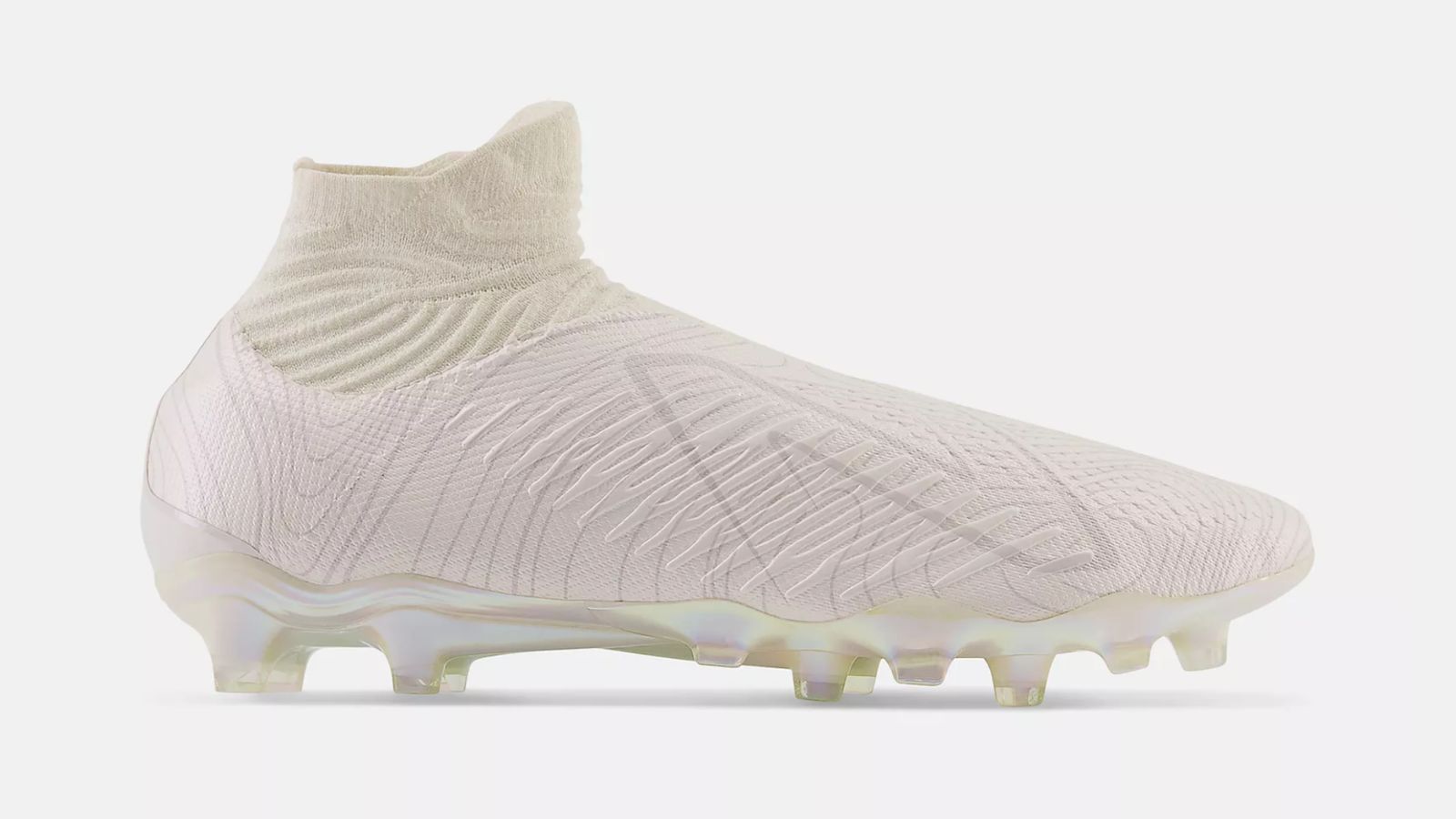 New Balance Tekela v4 Pro product image of an all off-white laceless football boot featuring a high collar.