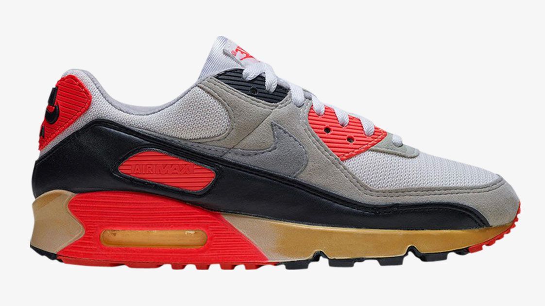 Nike Air Max 90 "Infrared" product image of the original 1990 design featuring a grey upper and black and red details.