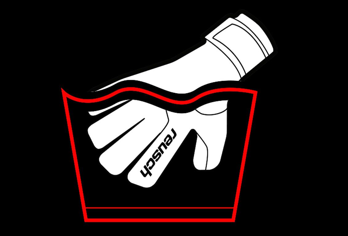 How to clean goalkeeper gloves Reusch rendered image of a white glove being dipped in a red container of water.