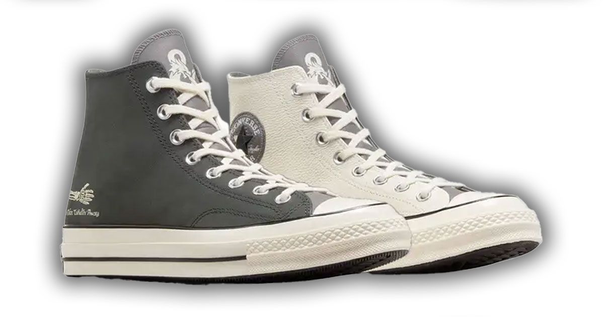 Dungeons & Dragons x Converse Chuck 70 Leather Hi "D20 Dice" product image of a half-grey and half-white pair of Converse high-tops, with the colours split vertically down the middle.