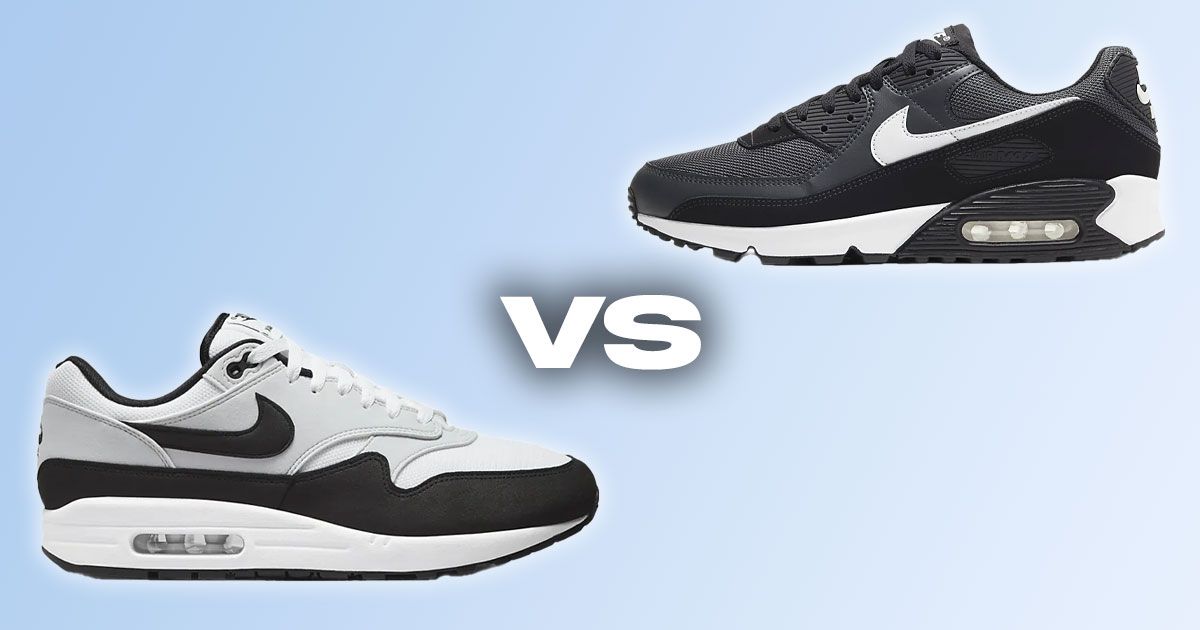 A white, gray, and black Air Max 1 vs. a black Air Max 90 with a white Swoosh down the side to match the midsole.