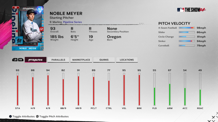 MLB The Show 24 Noble Meyer Team Affinity Season 1 Chapter 2 card