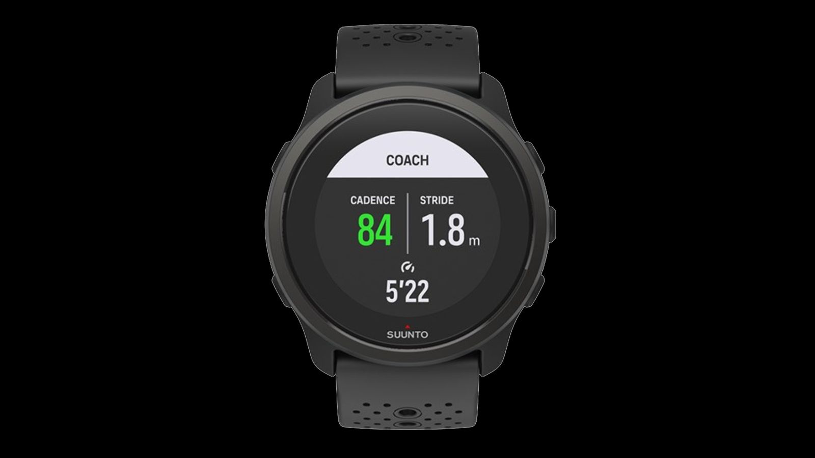 SUUNTO 5 Peak product image of an all-black smartwatch featuring coach information about cadence and stride on the display.