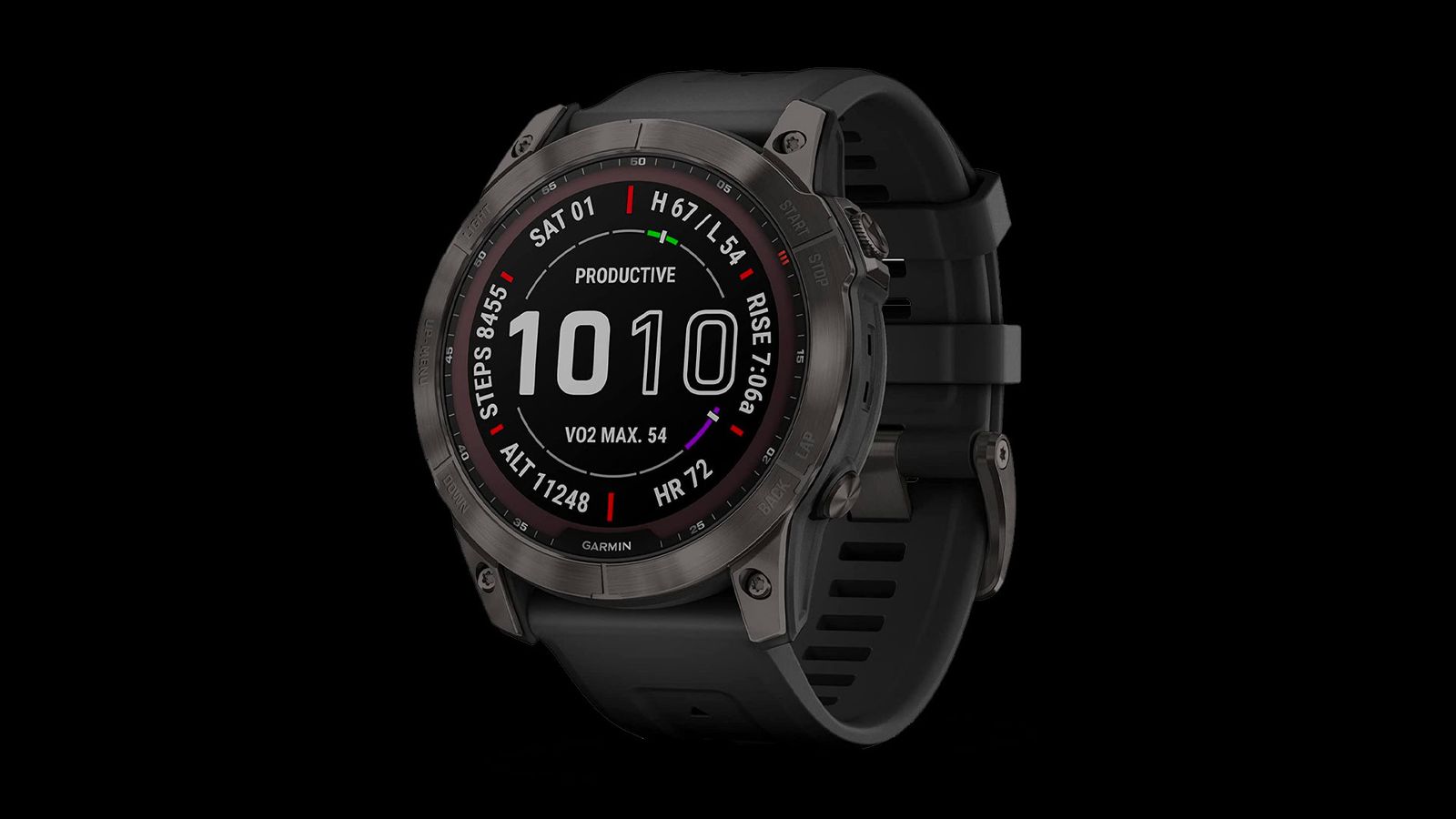 Garmin fēnix 7X Sapphire Solar Edition product image of a black smartwatch featuring 10:10 in white on the display alongside compass information.