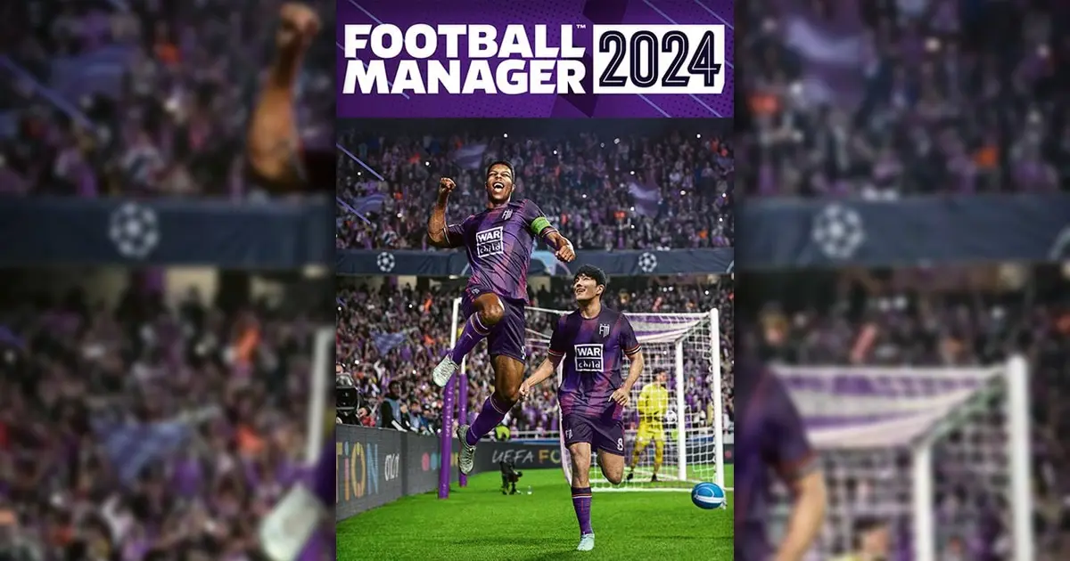 Football Manager 2024 cover art featuring the logo and two players wearing purple celebrating on the pitch below.