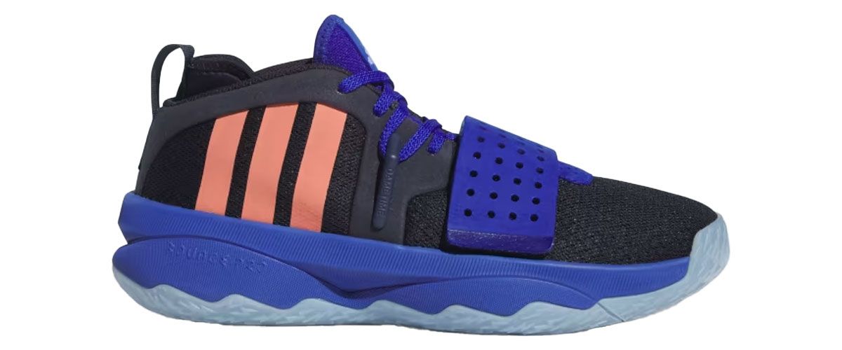 A black fabric and dark blue adidas Dame 8 EXTPLY sneaker featuring orange stripes down the side.