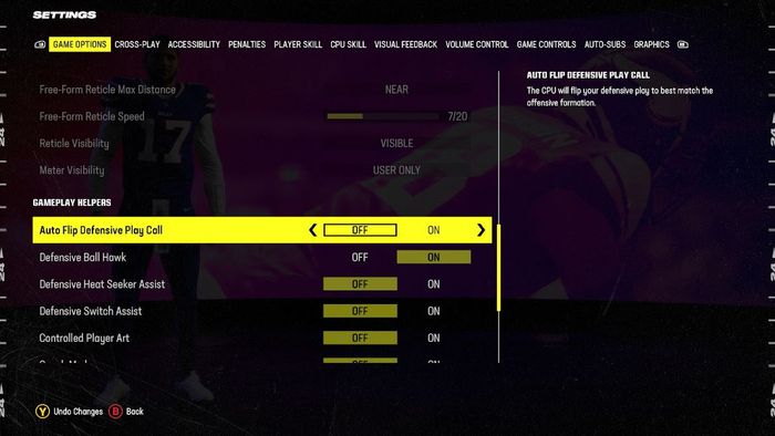 Madden 24 gameplay settings screen