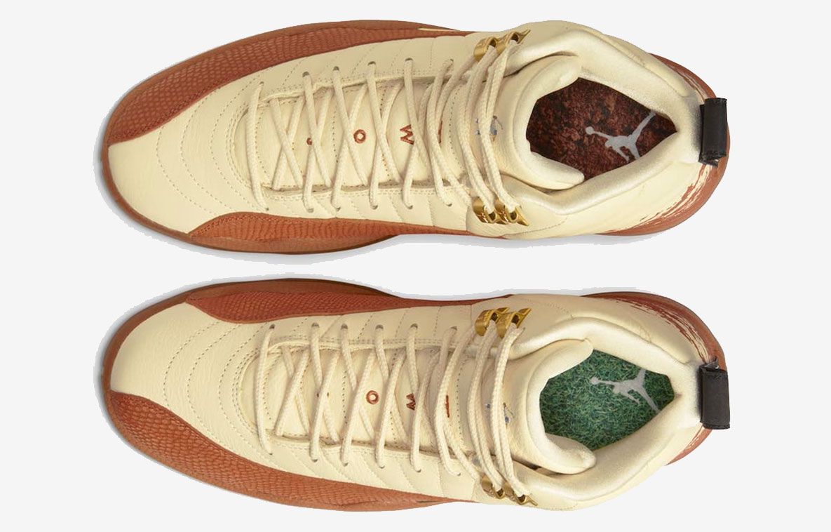 Eastside Golf x Air Jordan 12 product image of a Muslin and Black-Burnt Sunrise high-top with metallic gold accents.