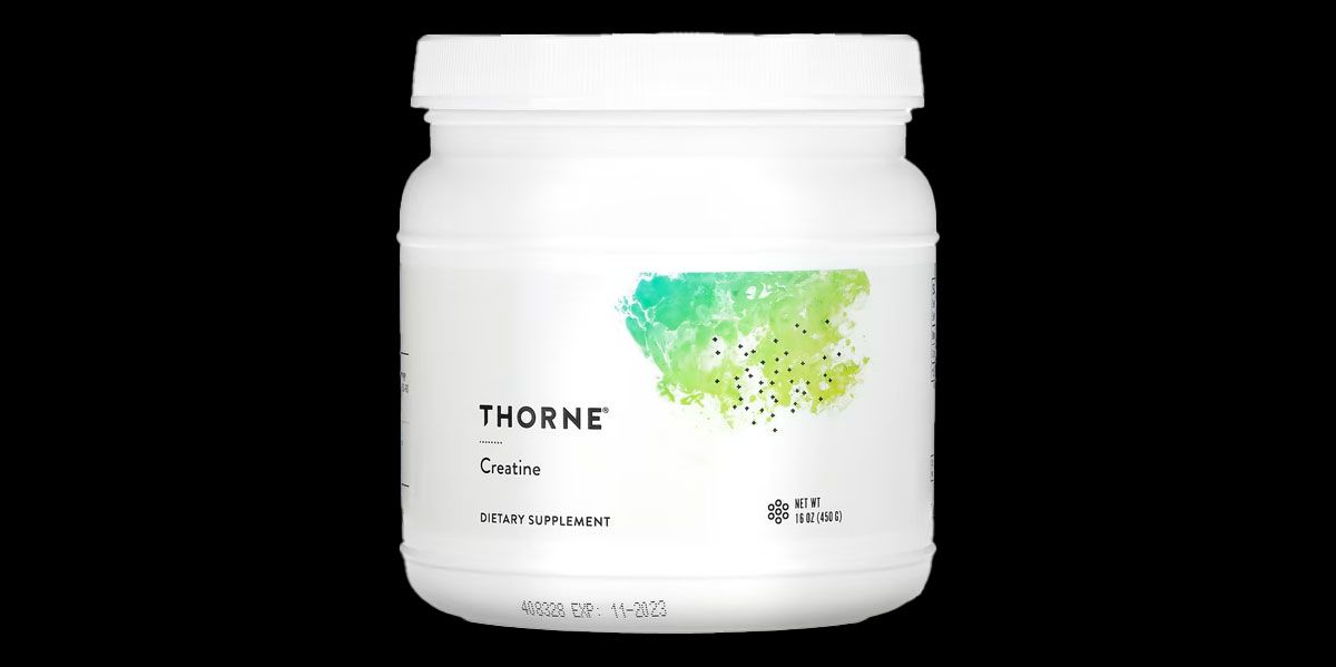 Thorne Creatine product image of a white container featuring black branding and green and blue details.