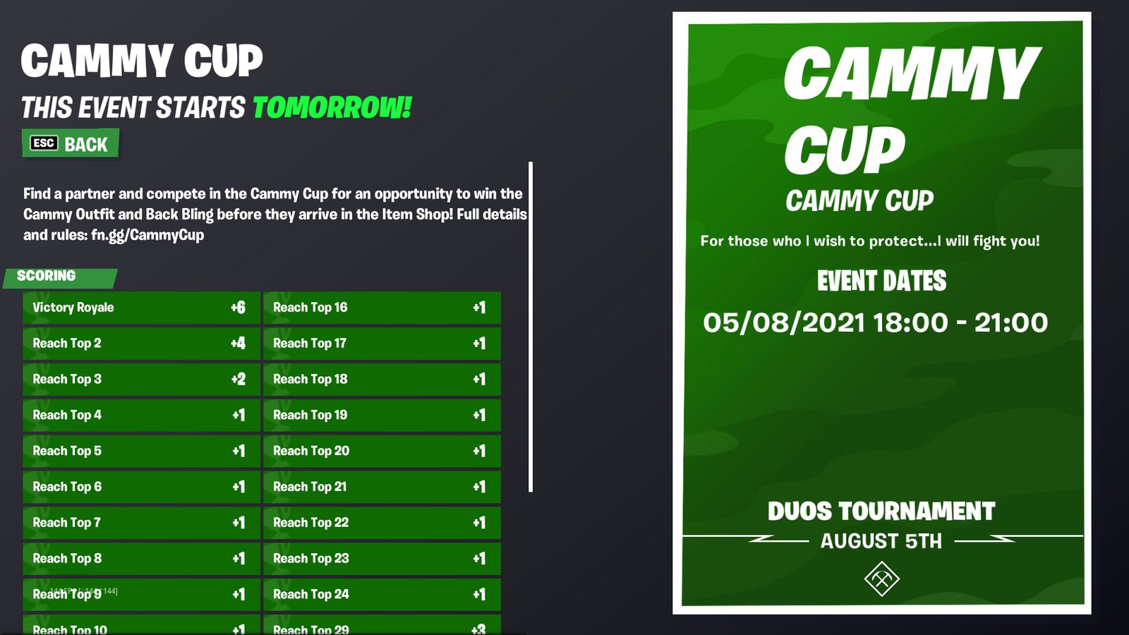 Fortnite Cammy Cup start time