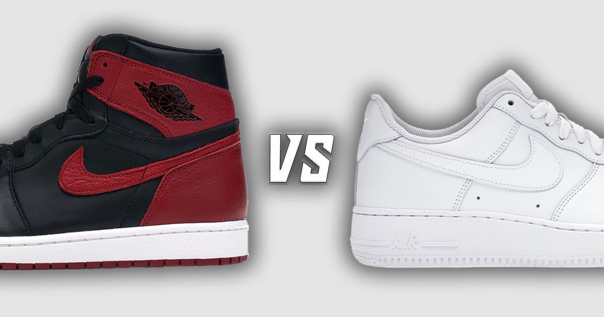 A red and black Jordan 1 High with a white midsole vs. an all-white Air Force 1 Low.