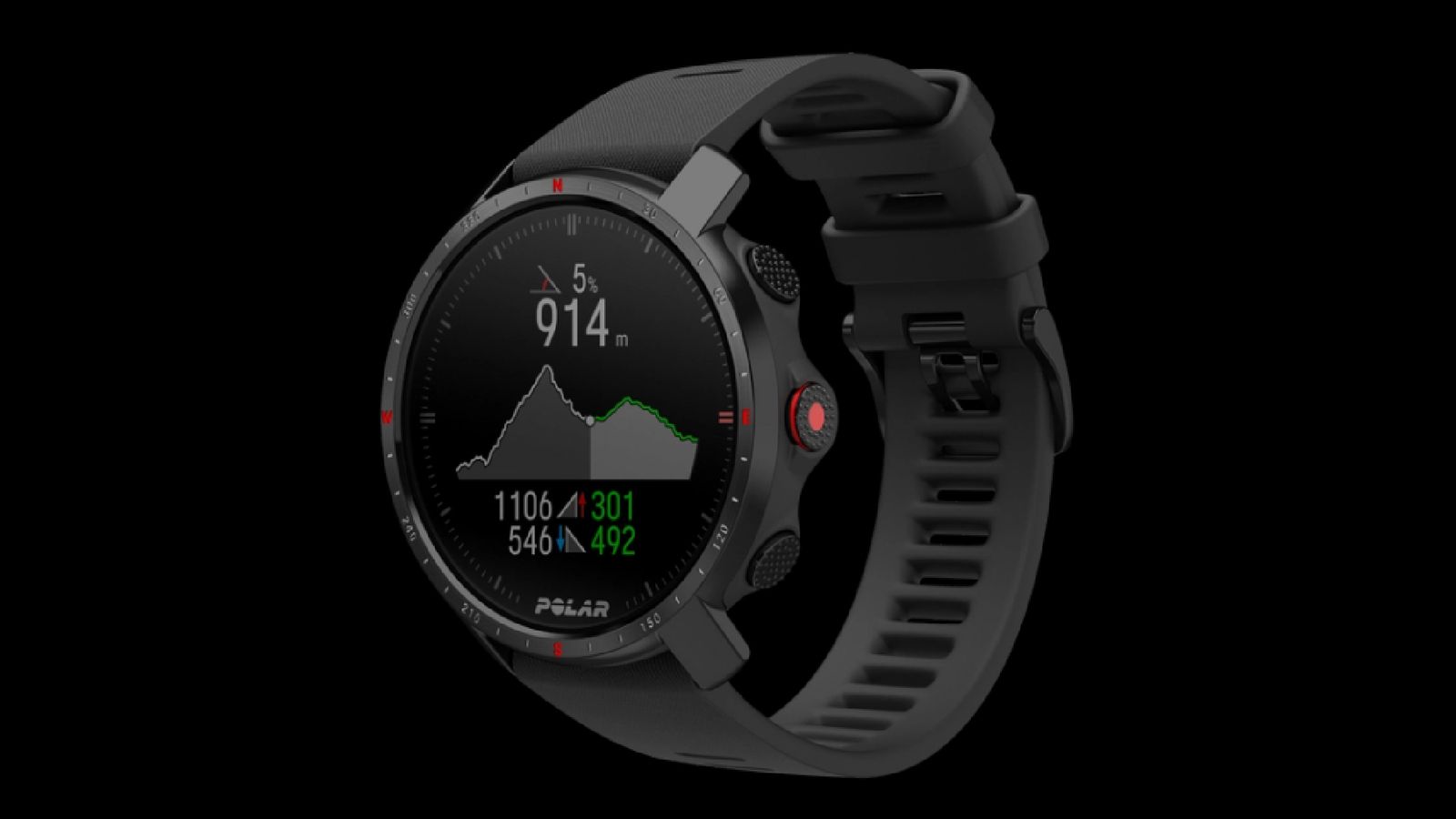 Polar Grit X Pro product image of an all-black smartwatch featuring elevation and descent information on the display.