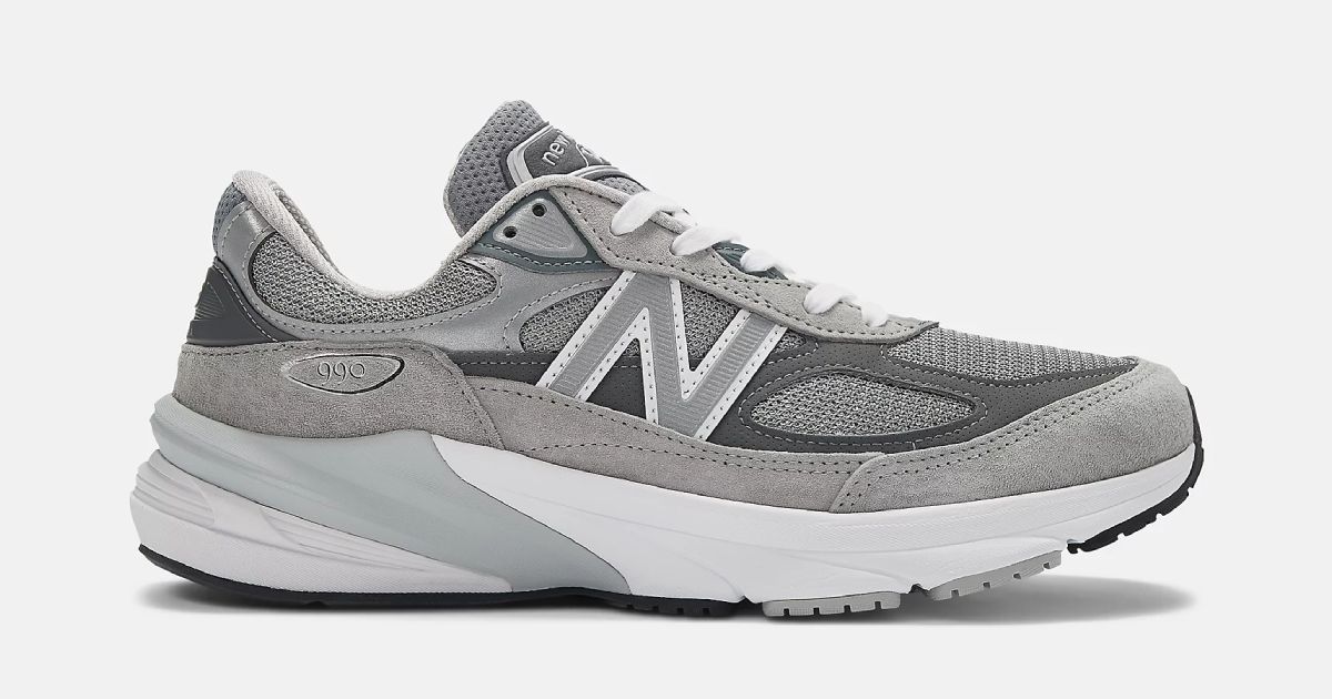 New Balance Made in USA 990v6 product image of a grey knitted sneaker featuring a white midsole.