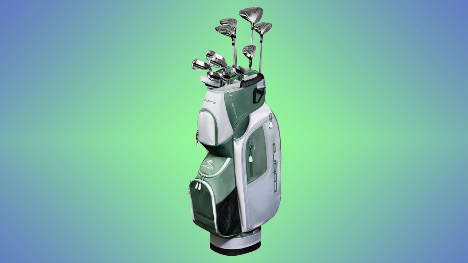 Cobra Golf Fly XL Complete Set product image of a complete set of clubs in a white and green bag.