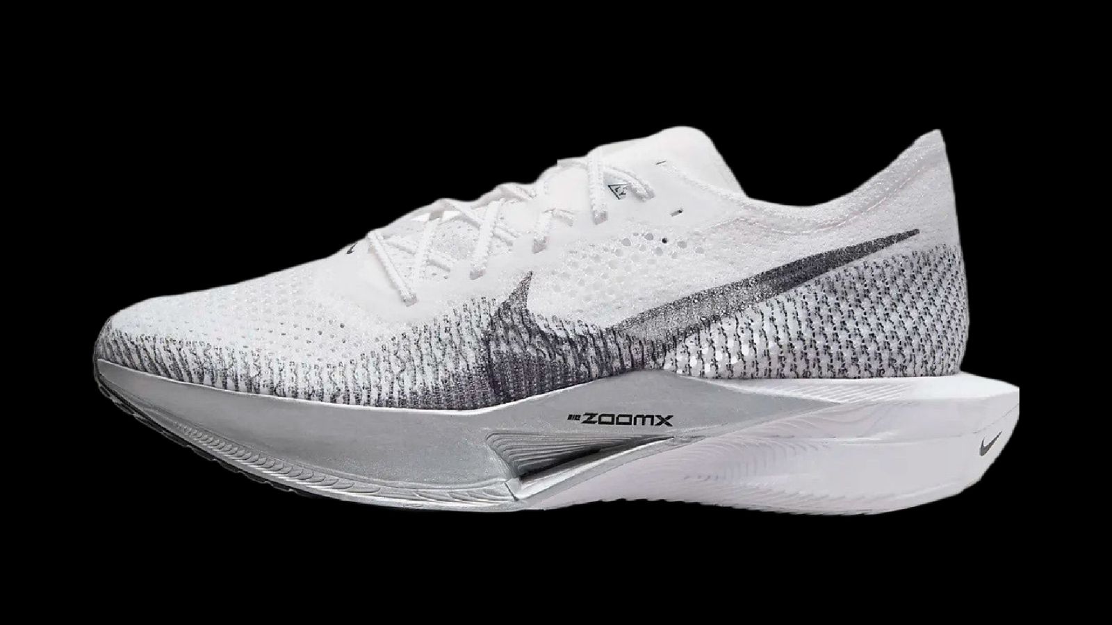 Nike Vaporfly 3 product image of a grey, white, and black knitted trainer.