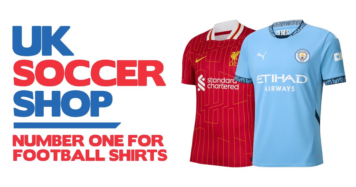 UKSoccerShop logo in red and blue next to Liverpool's red home shirt and Man City's light blue home shirt.