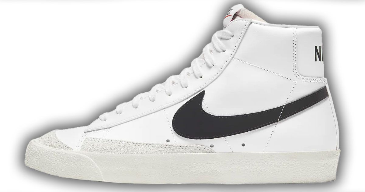 Nike Blazer product image of a white high-top with a black Swoosh.