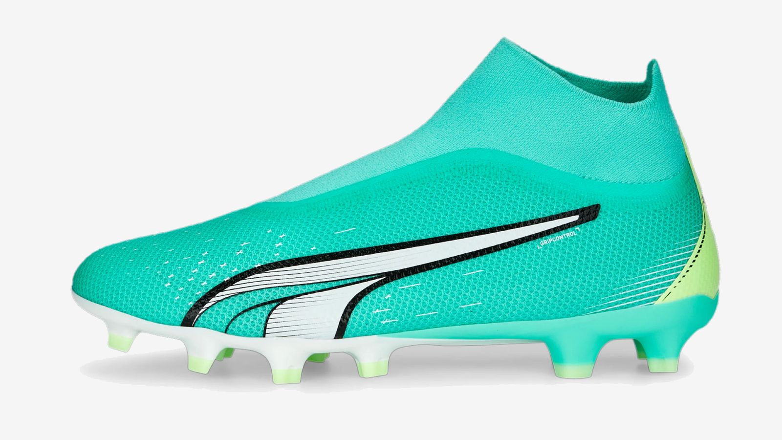 PUMA ULTRA Match+ LL product image of a high-collared Electric Peppermint laceless football boot featuring white, black, and Fast Yellow details.