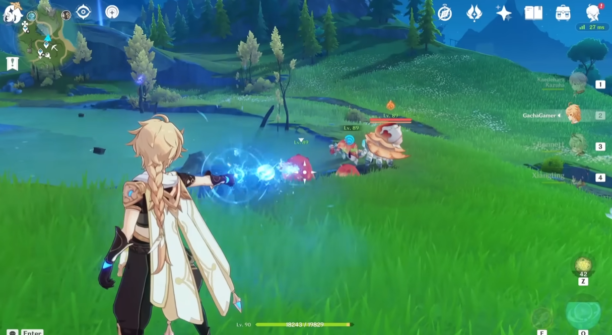 A screenshot from Gacha Gamer YouTube video showcasing the Hydro Traveler's Element Skill's limited range