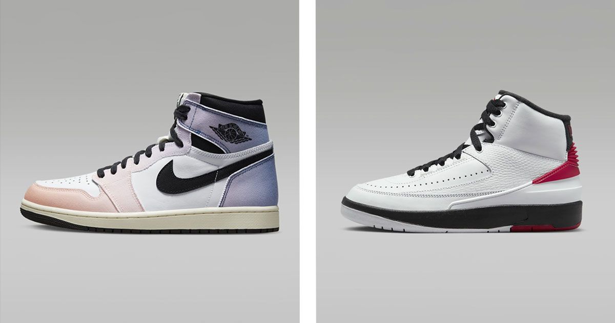 A white and black Jordan 1 High with faded gradient orange and blue details on the left. On the right, a white Jordan 2 with black and red trim.