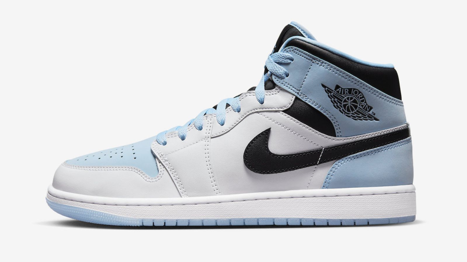 Air Jordan 1 Mid "Ice Blue" product image of a single white and light blue mid-top with black accents.