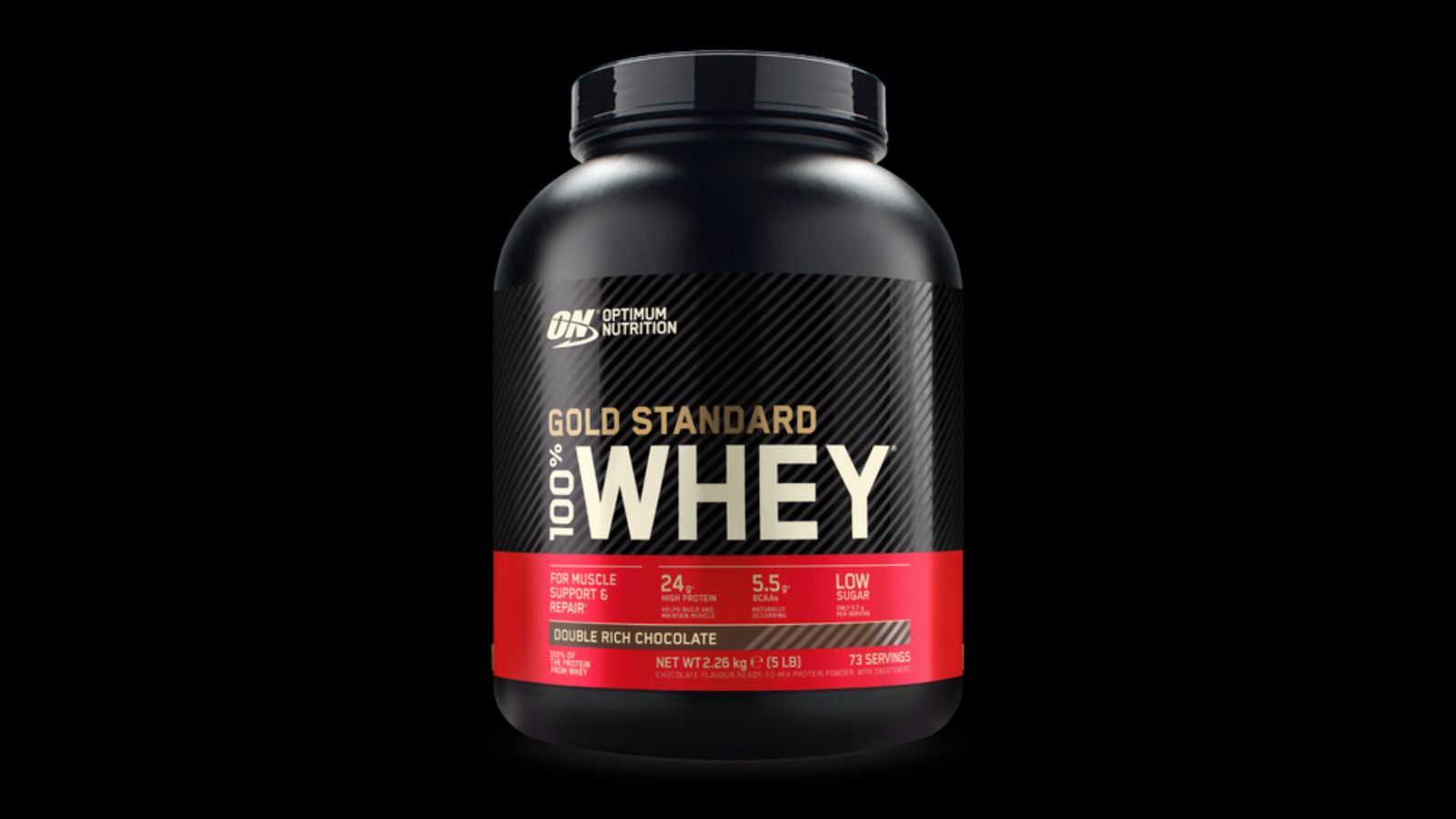 Optimum Nutrition Gold Standard Whey product image of a black container featuring red and gold branding.