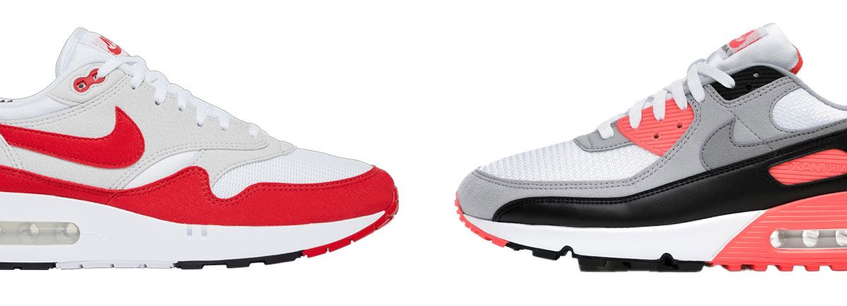 An Air Max 1 in red, gray, white facing an "Infrared" Air Max 90 in white, red, gray, and black.