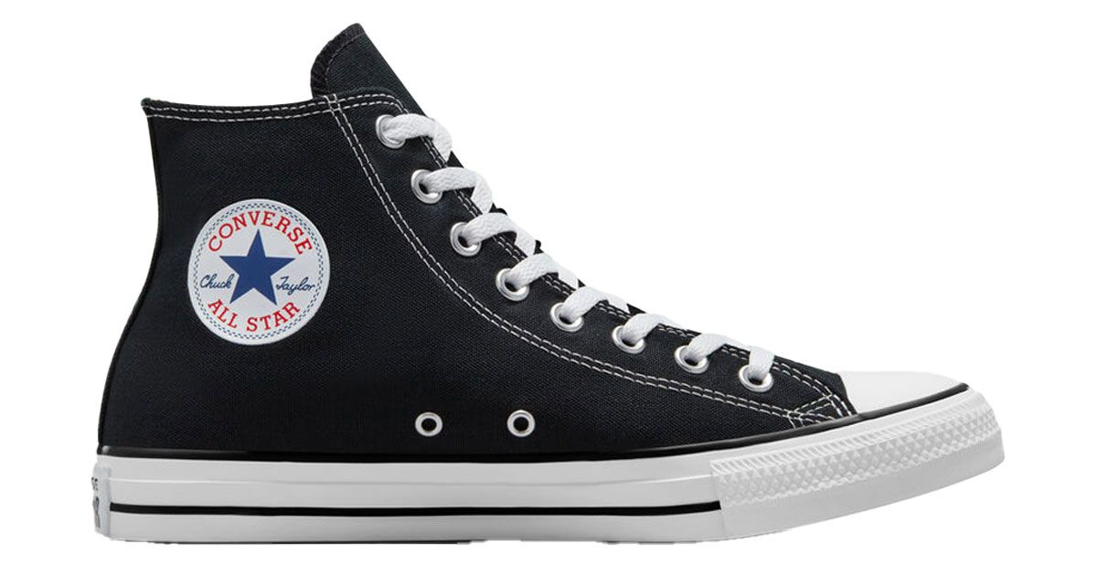 A black Converse high-top with a white midsole and white, red, and blue Chuck Taylor branding on the ankle.