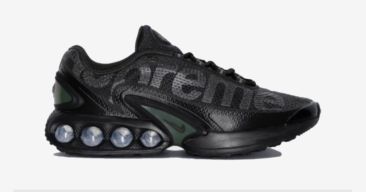 Supreme x Nike Air Max DN "Black" product image of a black low-top shoe featuring black Supreme branding down the side, dark green trim, and four air bubbles in the heels.