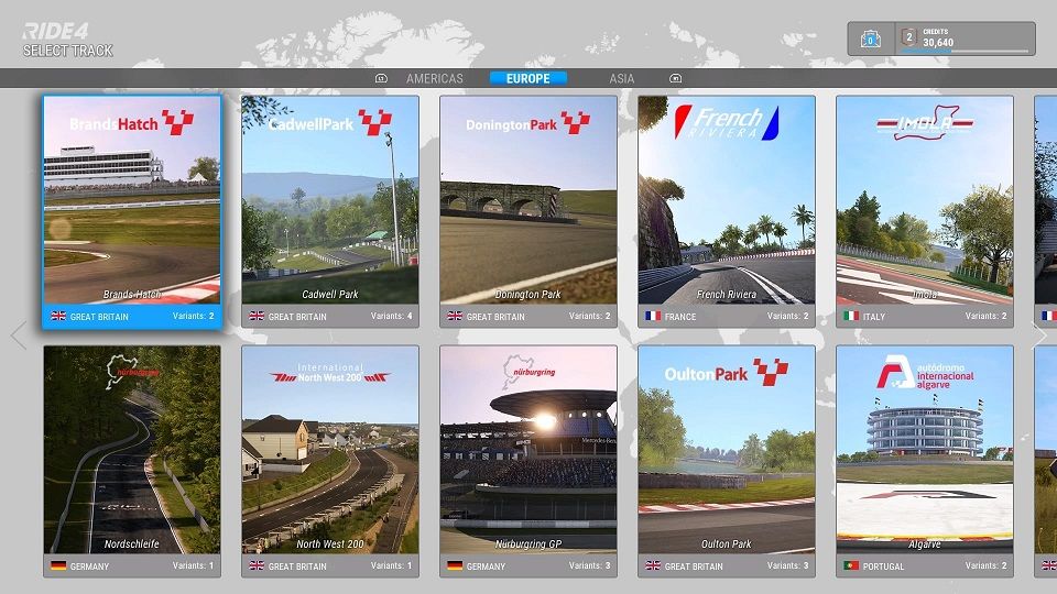 Ride 4 Track selection screen Europe