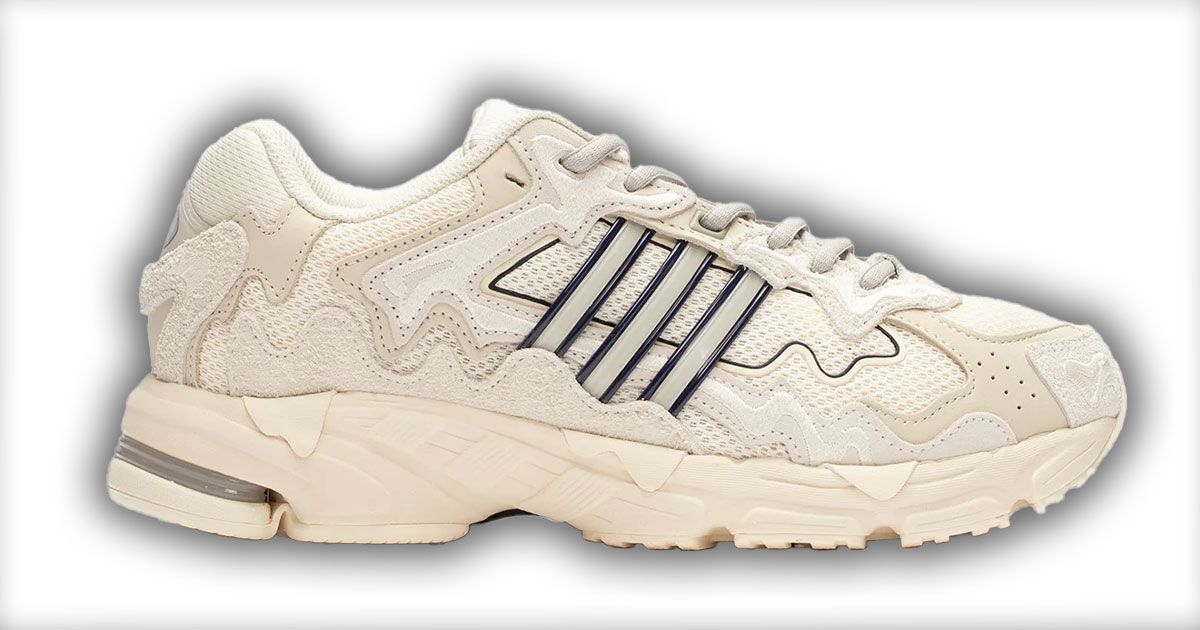 Bad Bunny x adidas Response CL "Wonder White" product image of a cream and off-white low-top shoe featuring grey stripes outlined in black down the side.