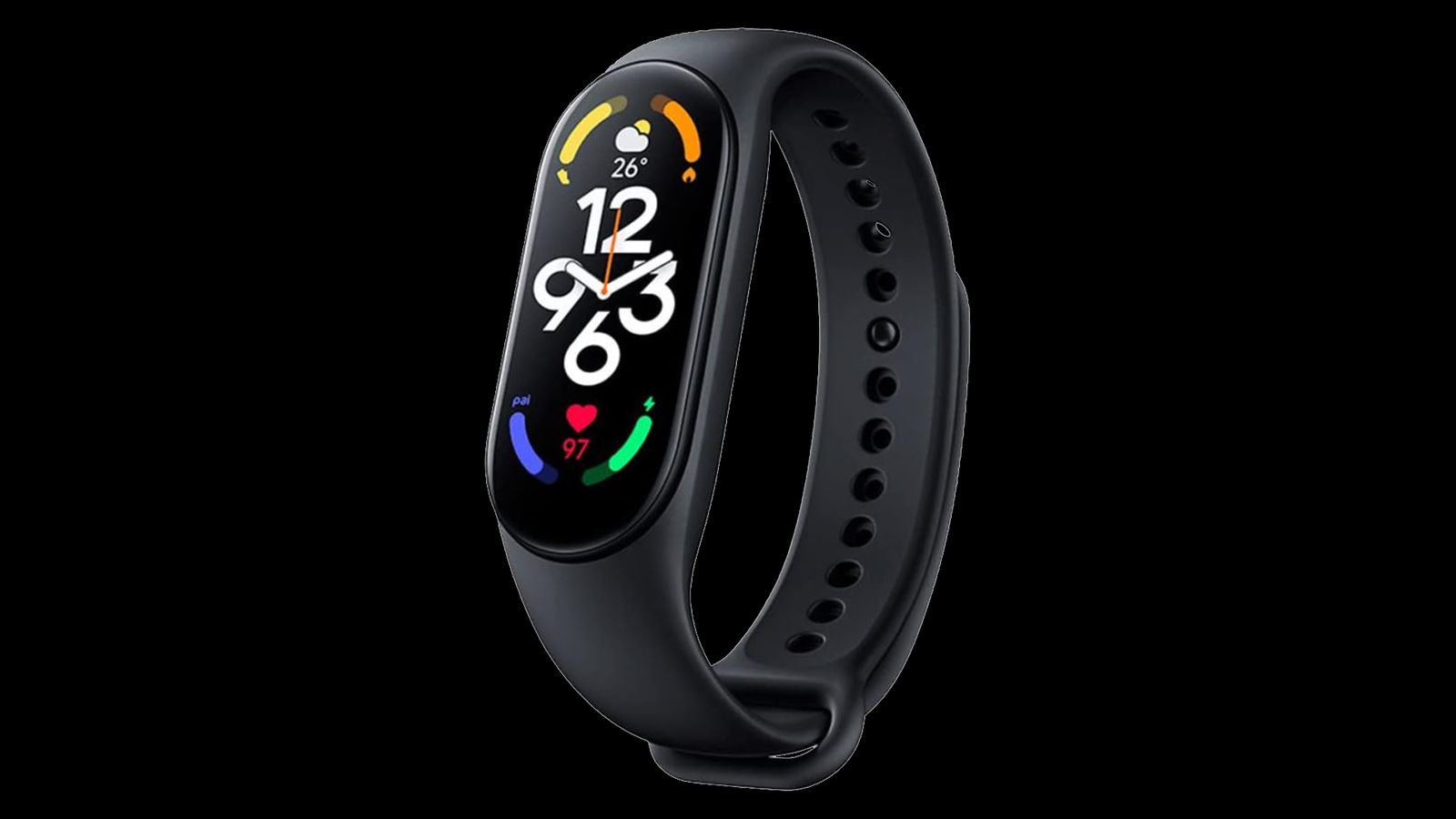 Xiaomi Mi Smart Band 7 product image of a black fitness tracker with the time in white on the display.