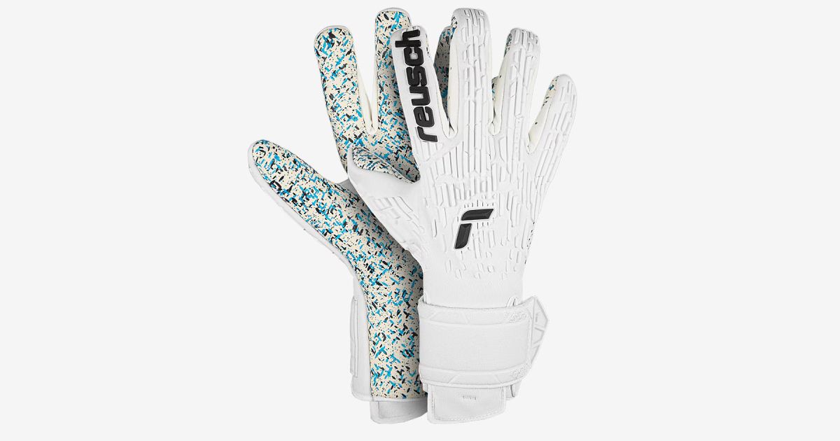 Reusch Attrakt Freegel Fusion product image of a white pair of goalkeeper gloves with spotted blue, off-white, and black grip as well as black branding on top.