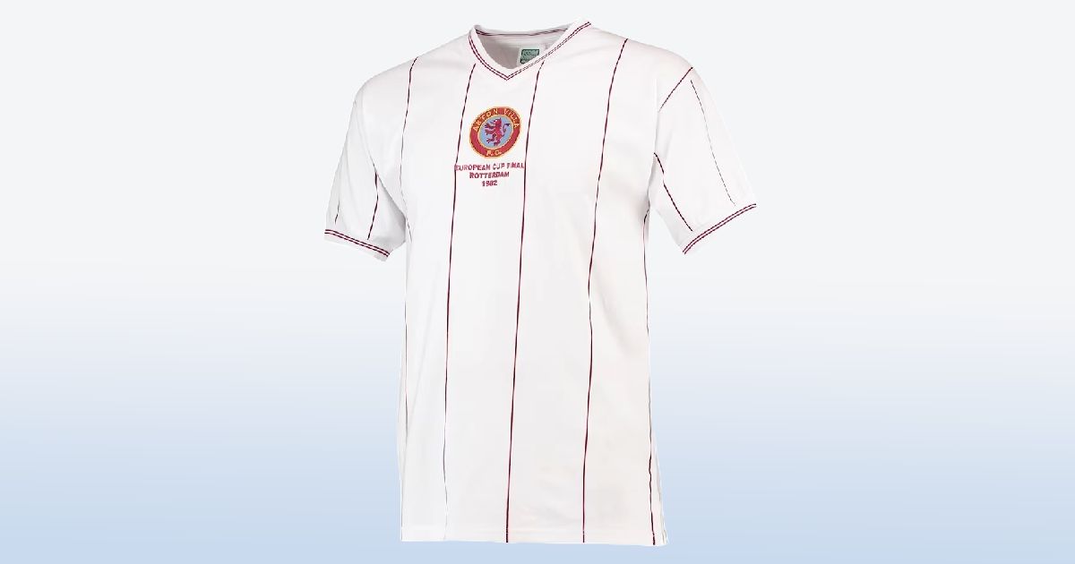 A white Aston Villa jersey with maroon pinstripes in front of a white and blue gradient background.