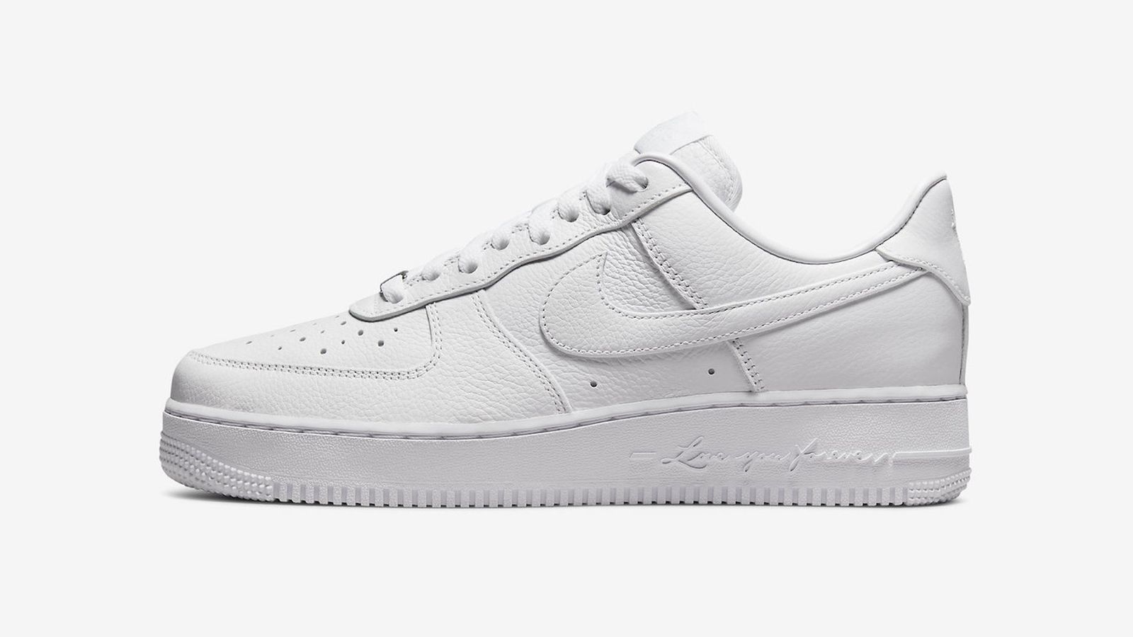 NOCTA x Nike Air Force 1 'Certified Lover Boy' product image of a triple-white sneaker with 'Love You Forever' embossed on the midsole.